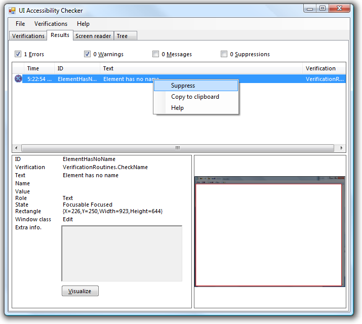 Description: Description: Description: Description: The AccChecker Results tab 
with the 'Suppress' context item highlighted.