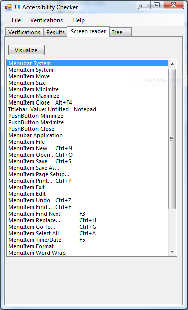 Description: Description: Description: Description: The AccChecker Screen Reader tab displaying a sample verification of Notepad.